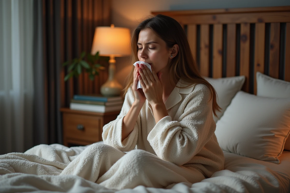 Femme malade en pyjamas dans son lit avec un mouchoir