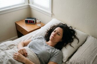 Femme réveillée en pleine nuit regardant le plafond, horloge affichant 3h17, illustrant le réveil nocturne régulier