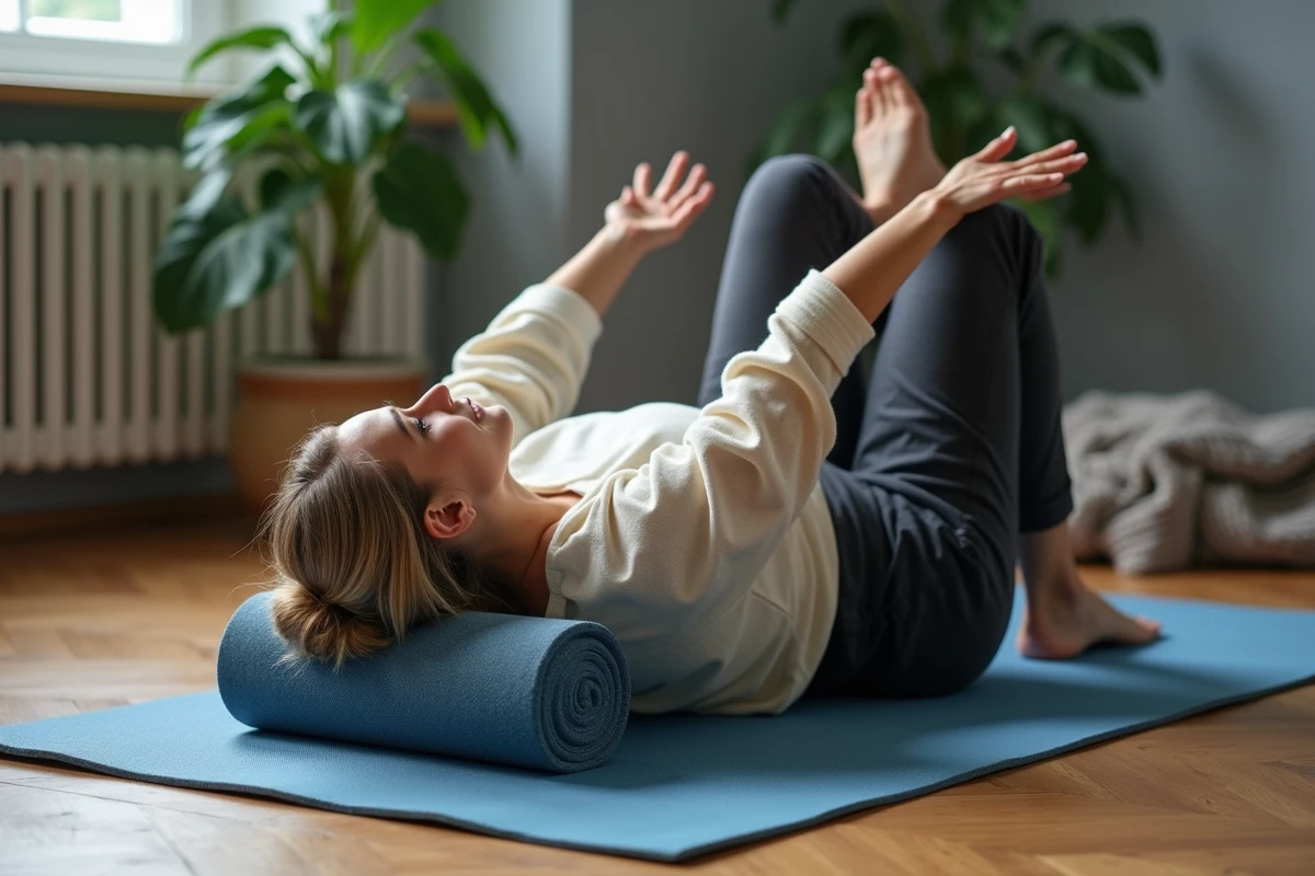 Femme utilisant un rouleau en mousse pour soulager la douleur dans le haut du dos gauche sur un tapis de yoga