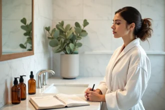Femme en robe de bain blanche intégrant des compléments alimentaires dans sa routine beauté sur un comptoir en marbre