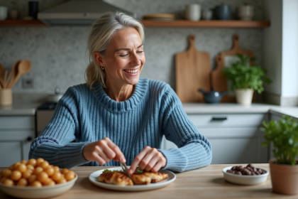 Femme en cuisine mesurant du poulet grillé et légumes