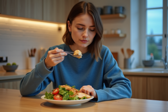 Femme dégustant une salade colorée dans une cuisine moderne