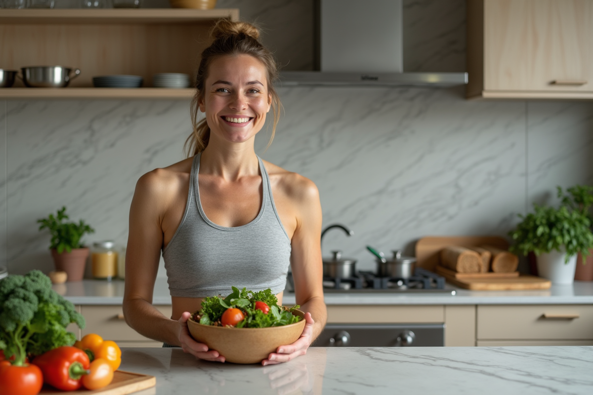 Femme souriante avec salade dans la cuisine moderne