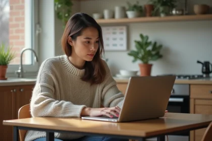 Femme réfléchissant devant son ordinateur dans une cuisine lumineuse