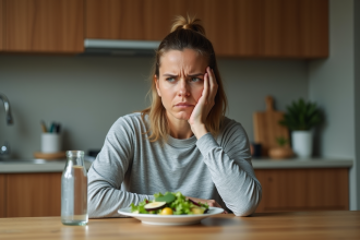 Femme méditant à la maison avec salade et eau