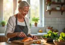 Femme senior souriante préparant saumon grillé et salade d'épinards