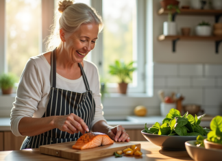 Femme senior souriante préparant saumon grillé et salade d'épinards