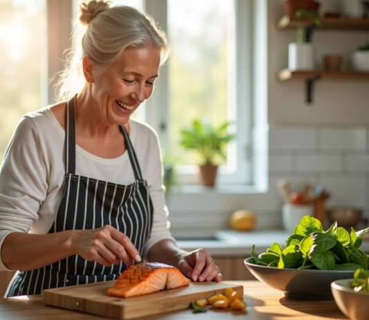 Femme senior souriante préparant saumon grillé et salade d'épinards