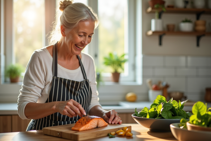Femme senior souriante préparant saumon grillé et salade d'épinards