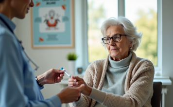 Vaccin antigrippal pour plus de 65 ans : spécificités et conseils de prévention Femme senior recevant un vaccin contre la grippe en clinique