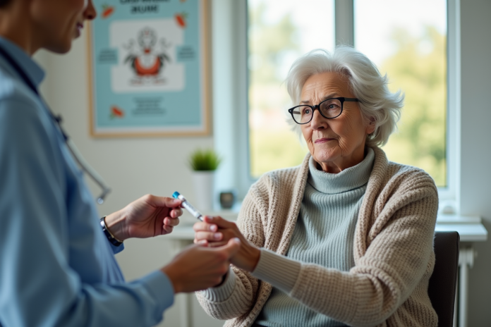 femme-senior-vaccin-flu Femme senior recevant un vaccin contre la grippe en clinique