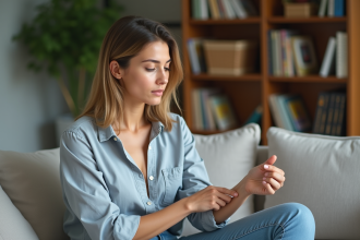 Femme examinant sa peau dans un salon moderne