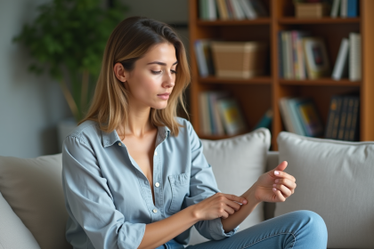 Femme examinant sa peau dans un salon moderne