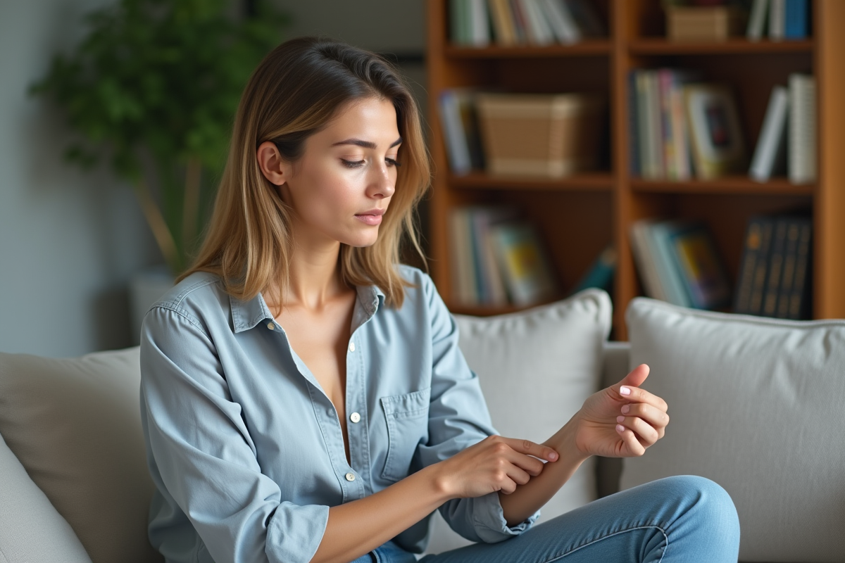 Femme examinant sa peau dans un salon moderne