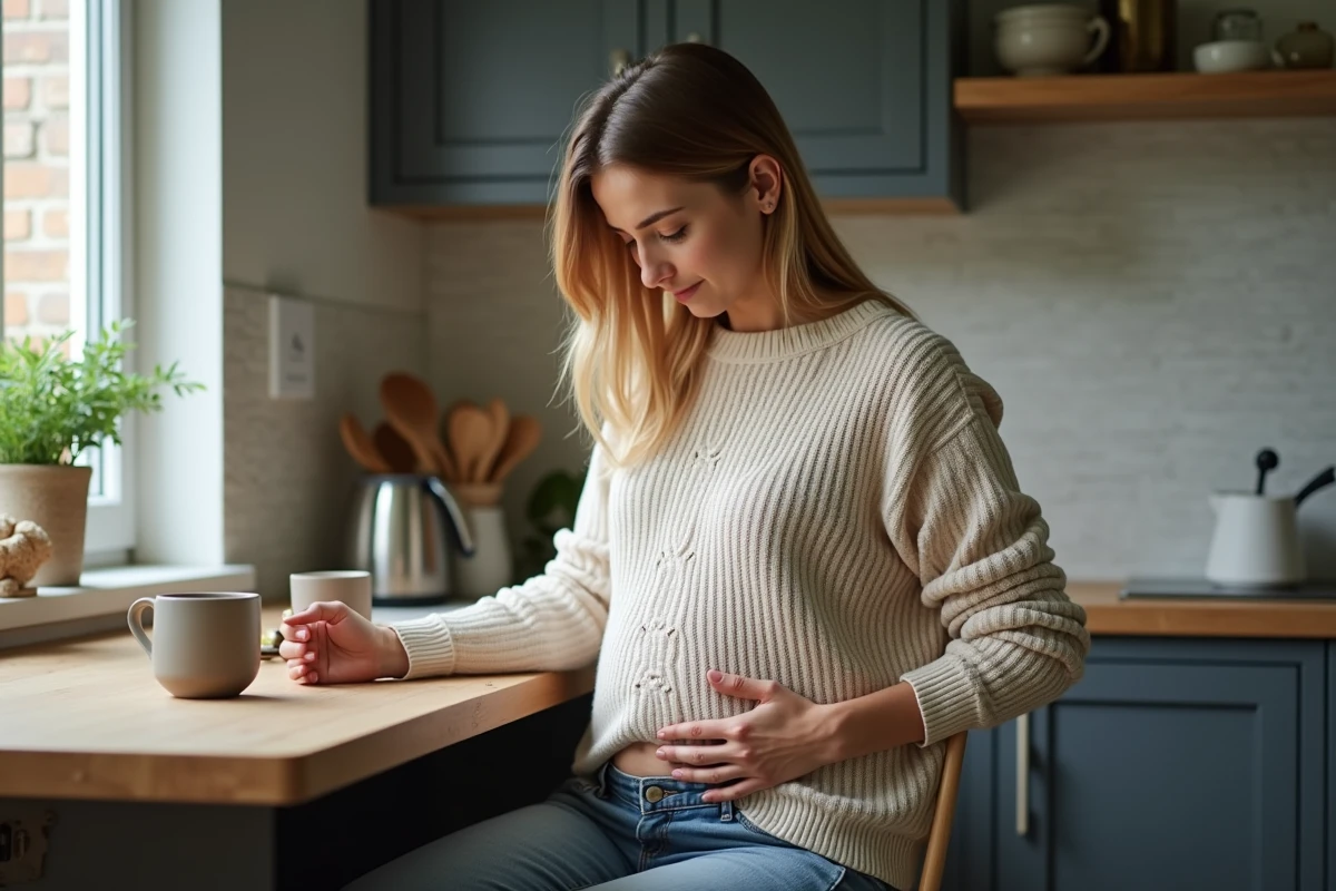 Femme préoccupée touchant son ventre dans la cuisine