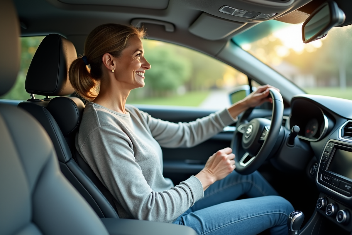 Femme assise dans la voiture ajustant un coussin lombaire