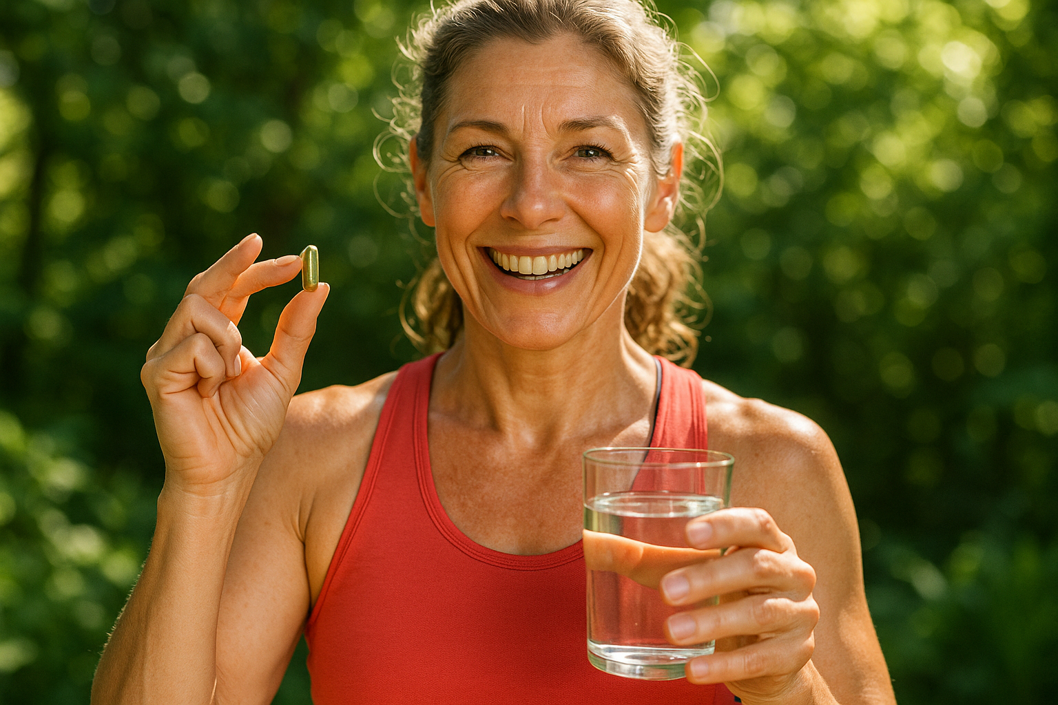 Femme active en sport tenant une capsule de supplément végétal