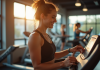 Jeune femme souriante à la salle de sport ajustant le tapis de course