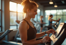 Jeune femme souriante à la salle de sport ajustant le tapis de course