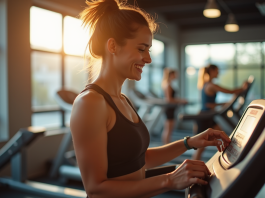 Casser stagnation poids : astuces efficaces pour progresser durablement Jeune femme souriante à la salle de sport ajustant le tapis de course