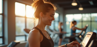 Jeune femme souriante à la salle de sport ajustant le tapis de course