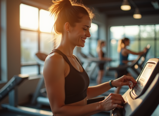 Casser stagnation poids : astuces efficaces pour progresser durablement Jeune femme souriante à la salle de sport ajustant le tapis de course