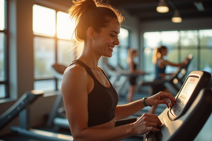 Jeune femme souriante à la salle de sport ajustant le tapis de course