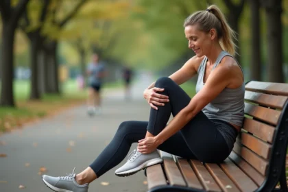 Femme d'âge moyen en tenue de sport s'étirant dans un parc