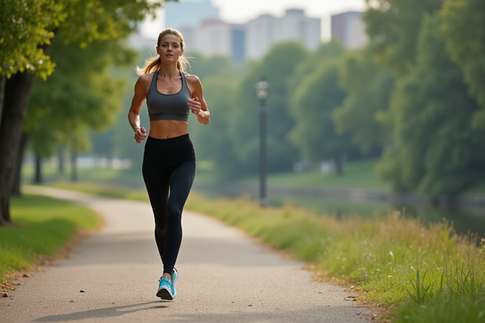Femme active courant au parc au bord de la rivière