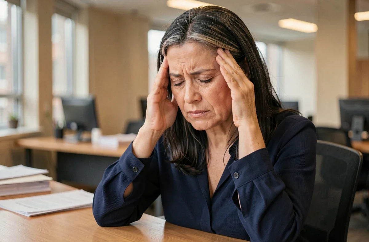 Femme de 45 ans stressée au bureau se massant les tempes, illustrant la fatigue et le stress après 40 ans