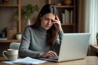 Femme stressée assise à son bureau avec des cheveux qui tombent, illustrant le lien entre stress et chute de cheveux