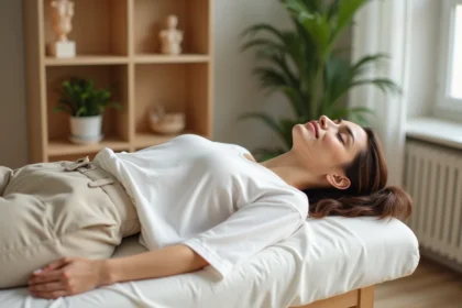 Femme allongée sur une table d'ostéopathie dans un cabinet calme et apaisant, les yeux fermés en état de détente profonde