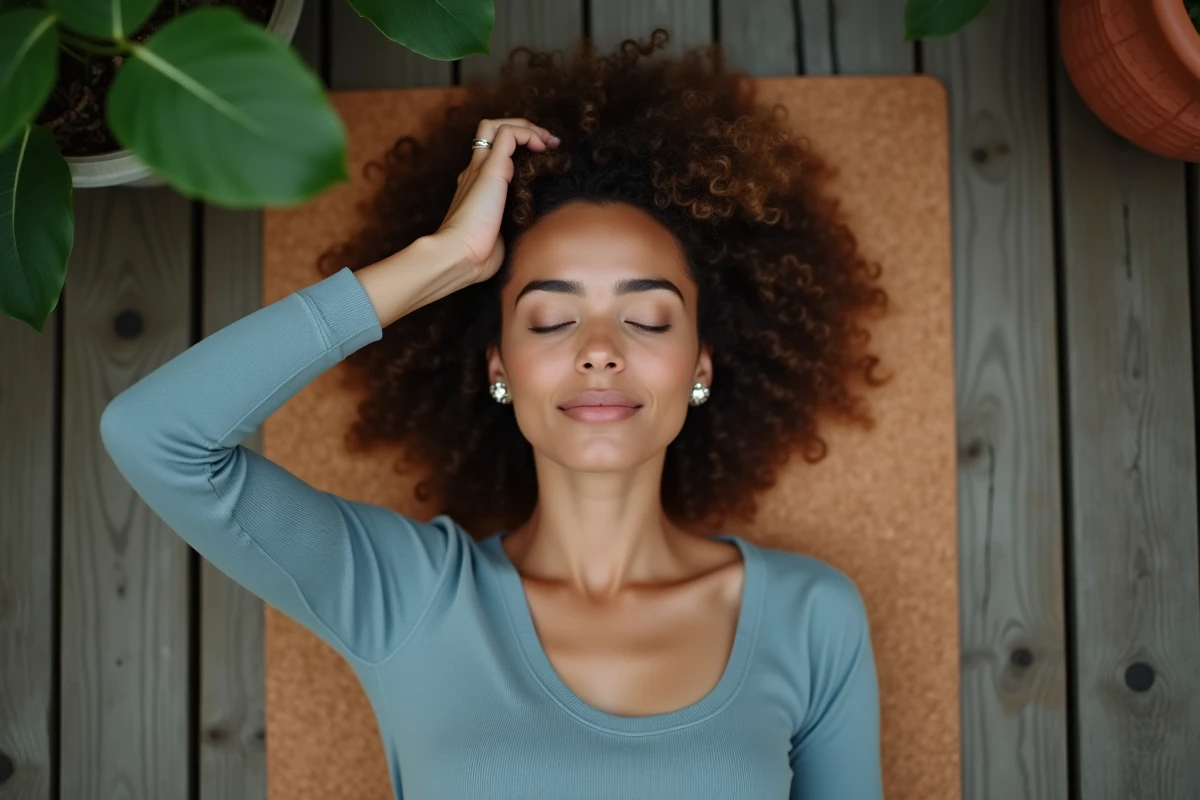 Jeune femme allongée sur un tapis de yoga en extérieur, main sur le front gauche, dans une posture de relaxation spirituelle liée au troisième œil