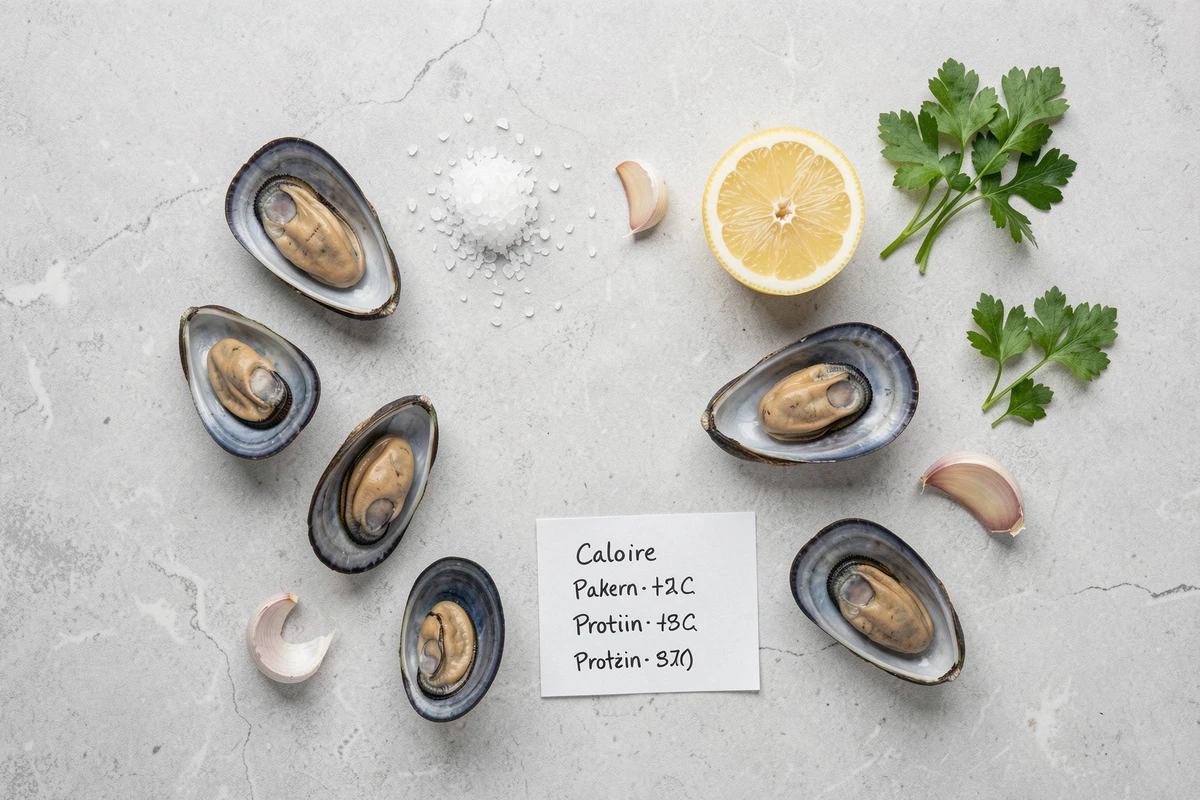 Composition flat lay de moules crues avec citron, persil et informations nutritionnelles sur fond de pierre grise, concept alimentation minceur riche en protéines
