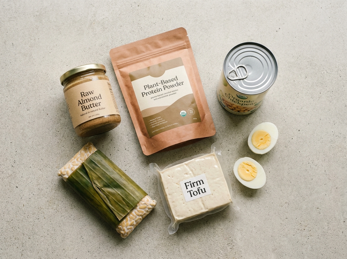 Vue à plat de produits hyperprotéinés du quotidien : beurre d'amande, tofu, pois chiches, œufs durs et tempeh sur surface en béton