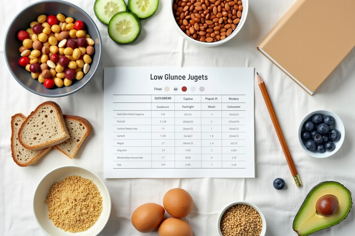 Vue de dessus d'un tableau récapitulatif de l'index glycémique entouré d'aliments sains pour la perte de poids