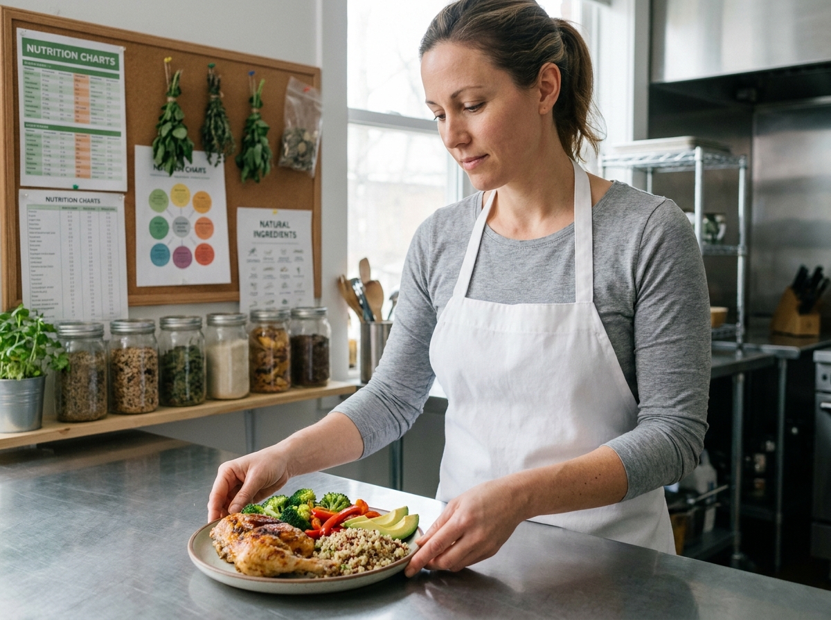 Femme en formation BTS diététique réalisant un bilan alimentaire équilibré en cuisine pratique