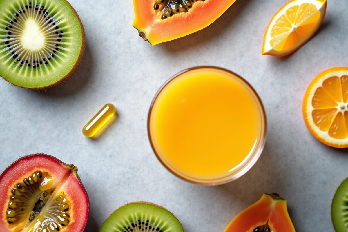 Vue de dessus d'un assortiment de fruits tropicaux riches en vitamine D et d'une gélule de complément sur une ardoise grise