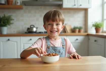 Garçon souriant de 8 ans dans une cuisine moderne avec des amandes