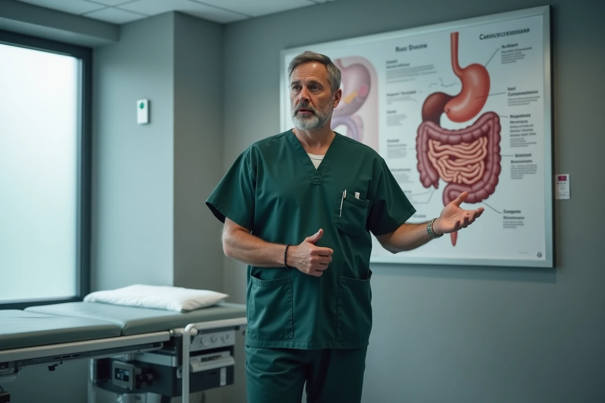 Gastroentérologue expliquant la fréquence recommandée de la purge intestinale devant un schéma médical