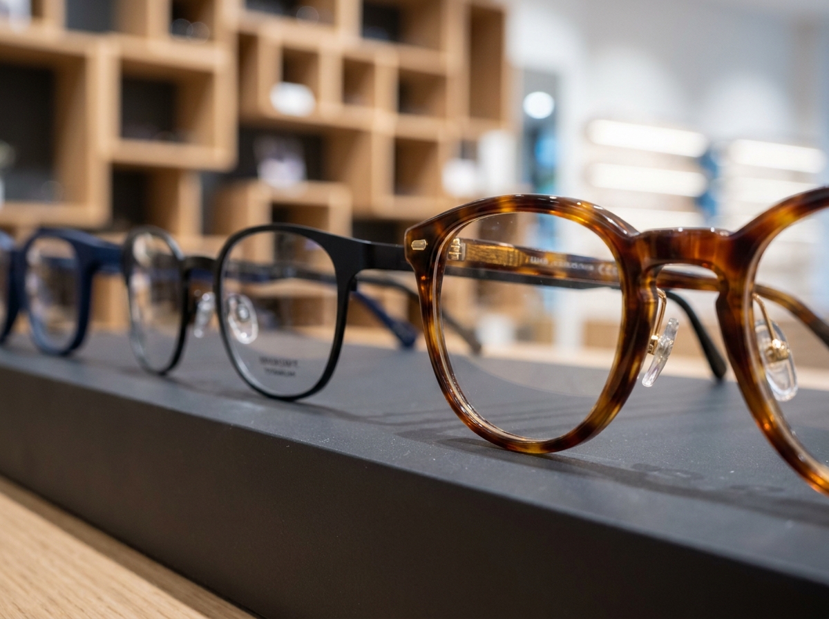Gros plan sur plusieurs montures de lunettes de qualité exposées chez un opticien, montrant différents matériaux et couleurs