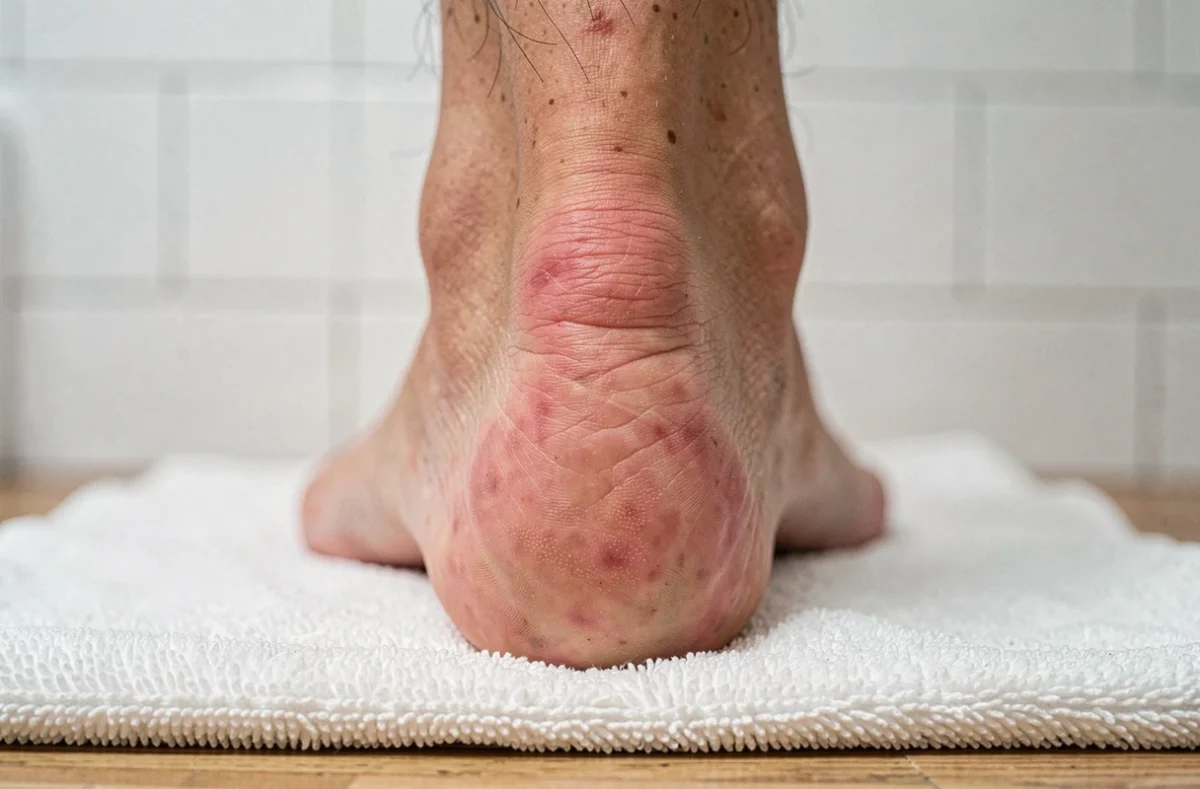Gros plan sur un talon présentant une légère inflammation et un gonflement autour du tendon d'Achille, symptômes typiques d'une bursite rétro-calcanéenne douloureuse le matin