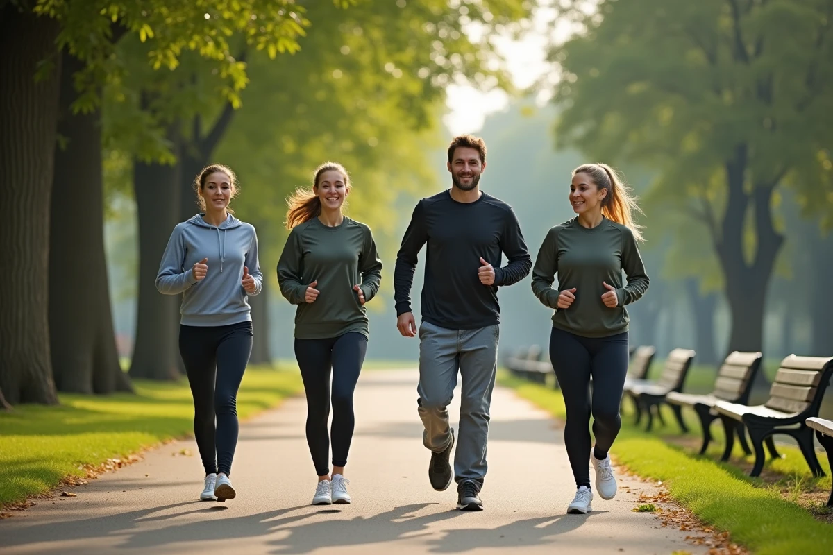 Groupe de personnes courant dans un parc au matin