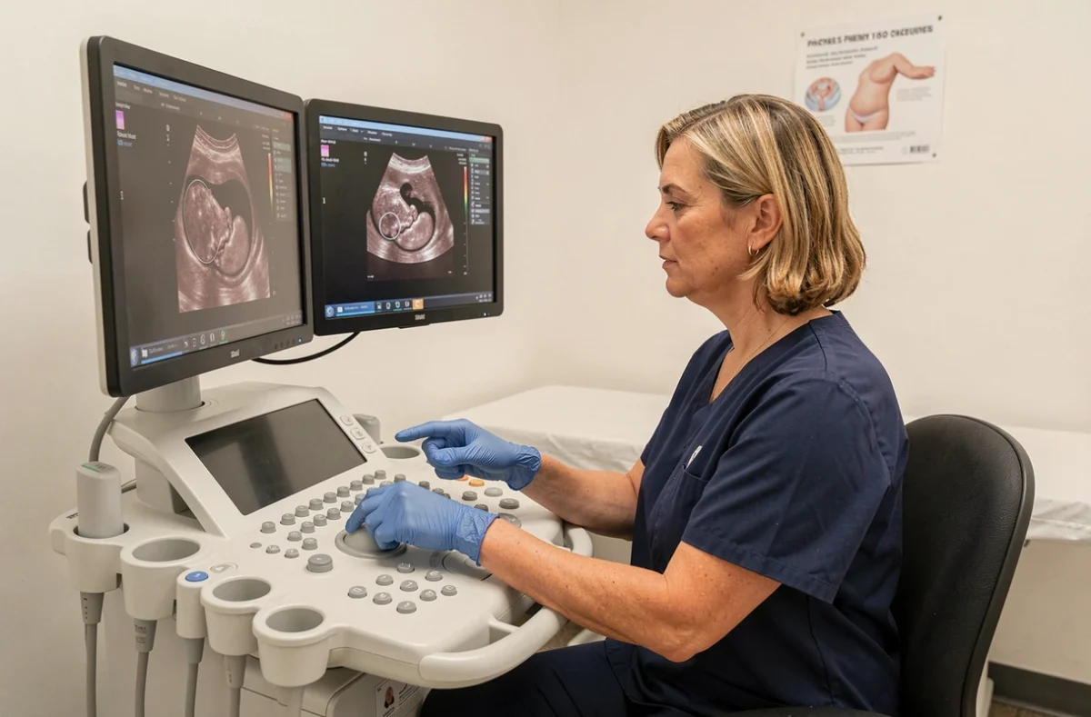 Gynécologue échographiste analysant une échographie précoce de grossesse à 5 semaines dans une clinique privée