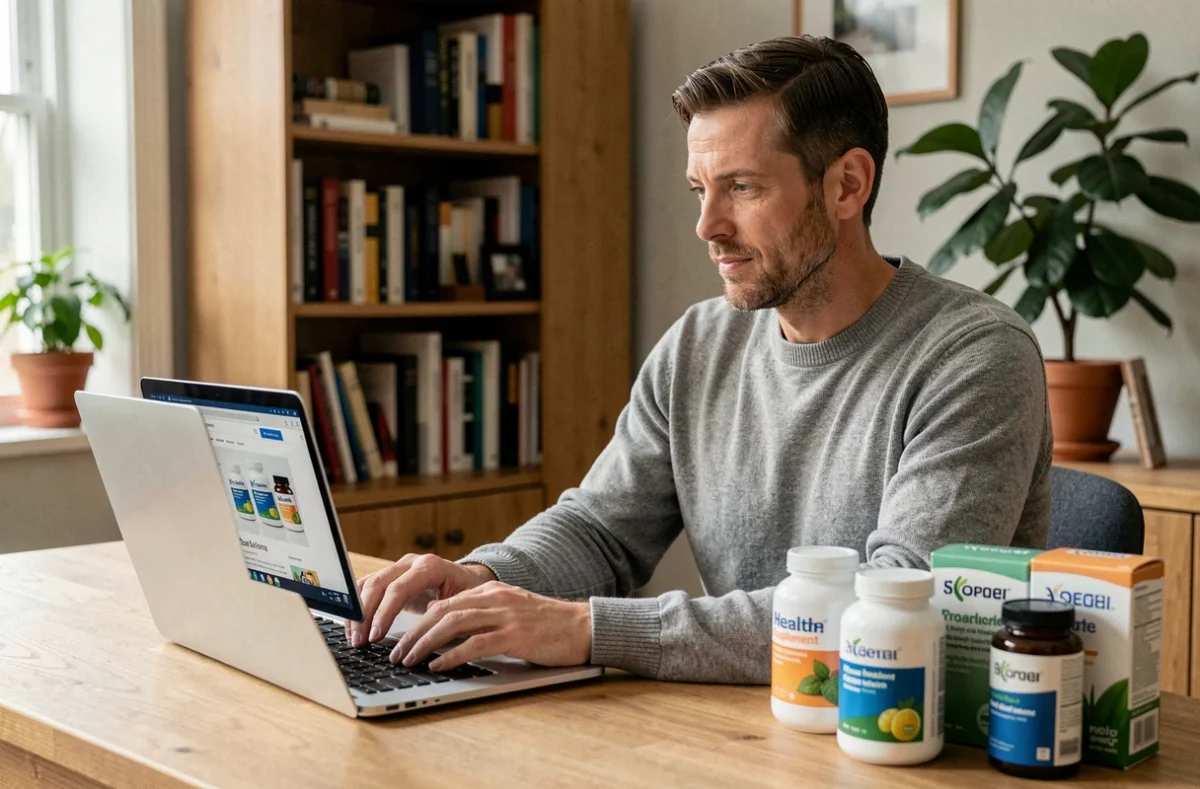 Homme comparant des probiotiques en ligne sur un ordinateur portable à son bureau à domicile