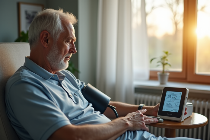 Homme age controle tension arterielle a la maison