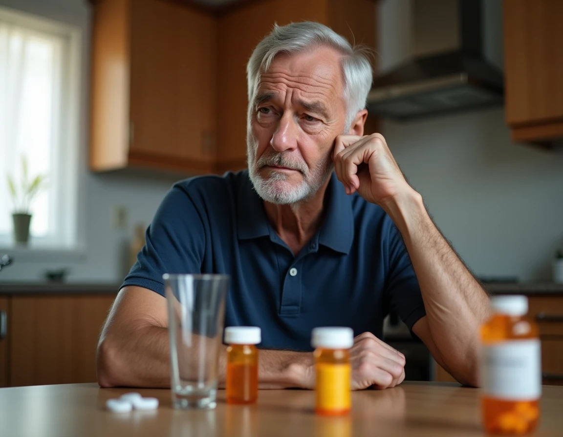 Homme âgé souffrant d'une douleur à la mâchoire assis à une table de cuisine avec des médicaments