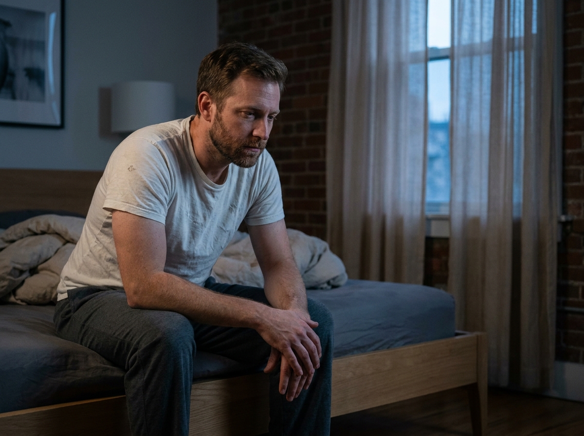 Homme assis au bord du lit en pleine nuit, pensif et fatigué, illustrant les réveils nocturnes répétitifs et le cycle du sommeil