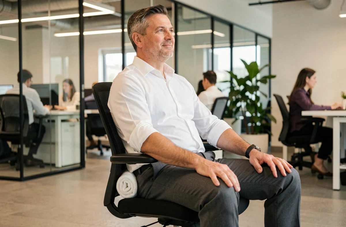 Homme en costume décontracté assis sur une chaise ergonomique en open space avec un soutien lombaire pour réduire la douleur sciatique
