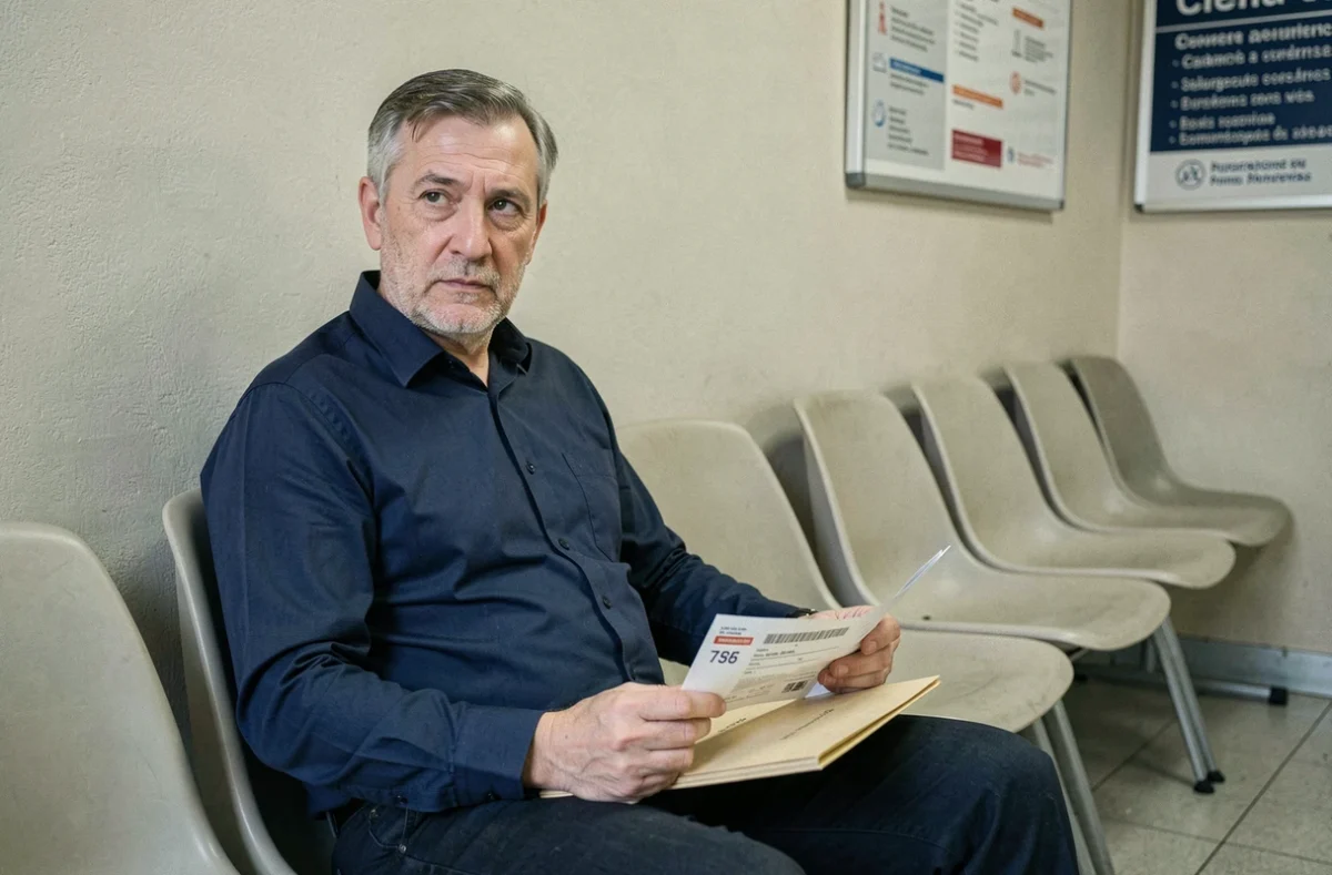 Homme en salle d'attente d'une administration française tenant un dossier de demande AAH ou pension d'invalidité